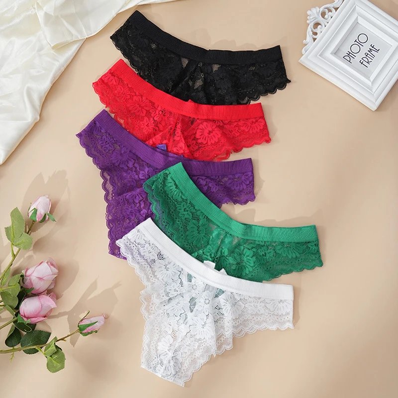 1PC Sexy Women's Thong Sensual Bow Openwork Lace Women's Underwear Sweet Romantic Seductive 100% Cotton Crotch Panties