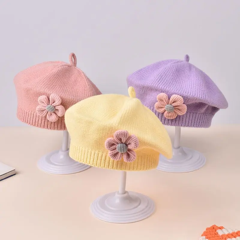 Baby Girls Autumn Winter Hat Cute Flower Beret Toddler Knitted Artist Hat Kids Woolen Cap For Newborn 6-12 Months Home Outdoor