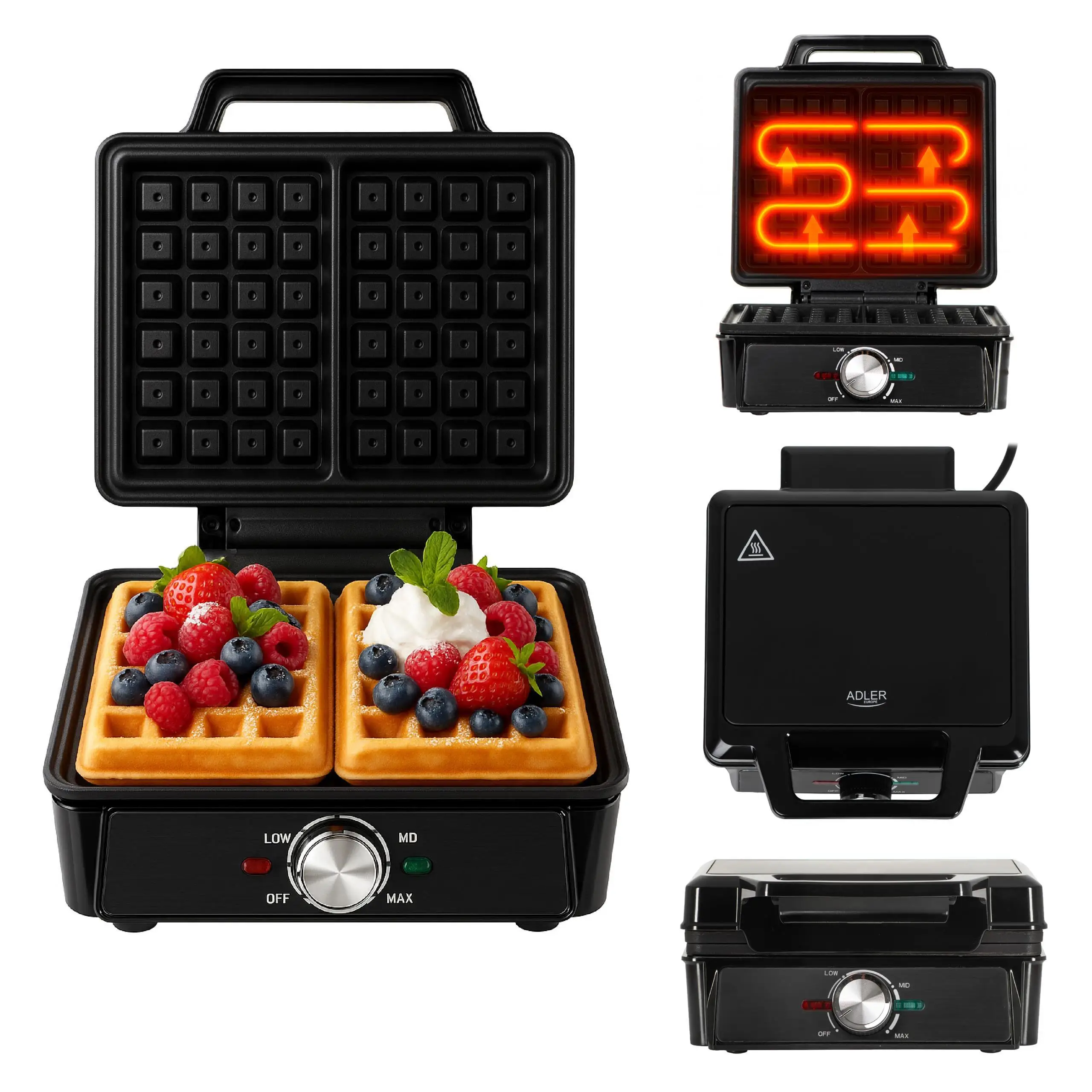 2000 W 2-Waffel-Waffelpflanze, flüssige Temperaturregelung, antihaftbeschichtete Platten, Rillen für überschüssigen Teig, 2 Lichter
