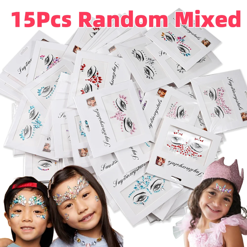 15Pcs 3D Random Mixed Face Gems Tattoos Glitter Crystal Rhinestones Self-Adhesive Face Decals for Party Makeup Eyes Body Tattoos