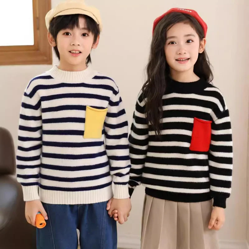 Seven-Pin Thickened Wool Boys and Girls Same Style Contrast Color Pockets Striped Pullover New Autumn and Winter Sweate