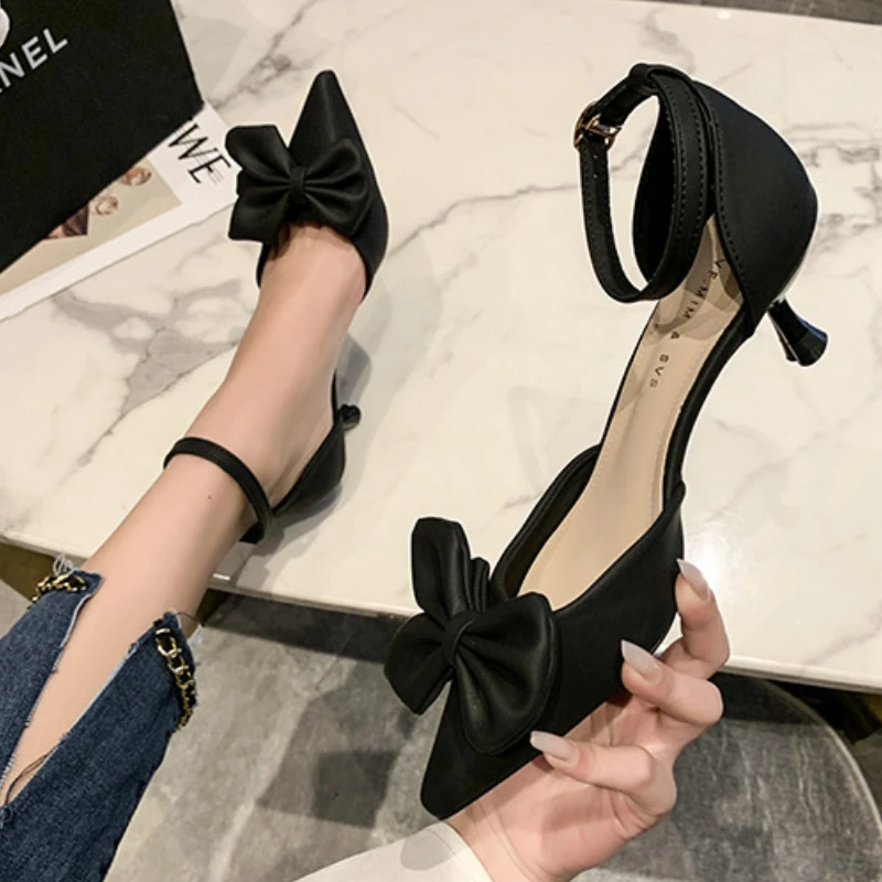 Summer Women\'s Shoes Fashion 2024 New Low Heels Bow-knot Pointed Sandals Sexy Baotou Stiletto Party Light Sandalias De Mujer