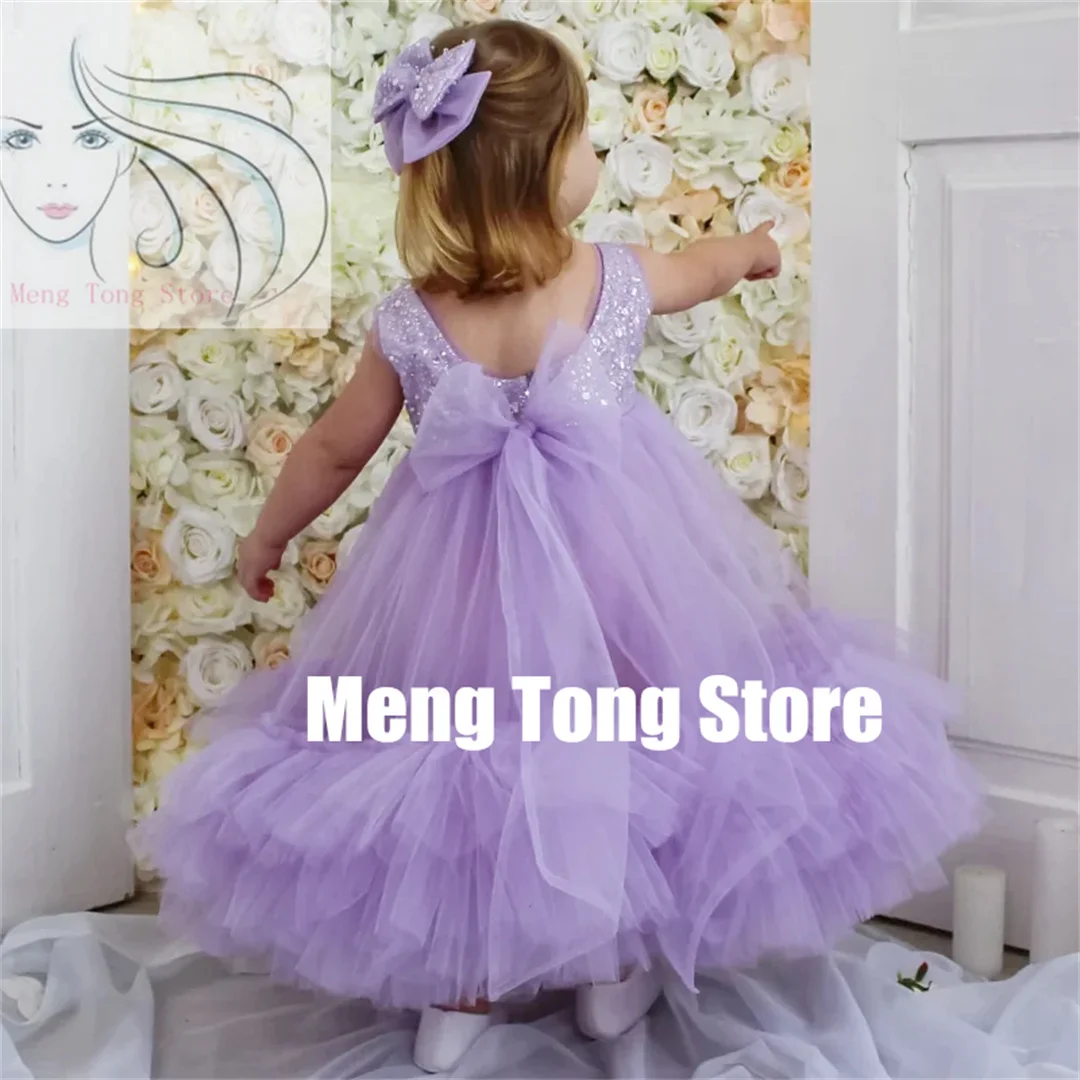 Customization Flower Girl Dresses Purple Tulle Puffy Sequin With Bow Sleeveless For Wedding Birthday Party Banquet Princess Gown