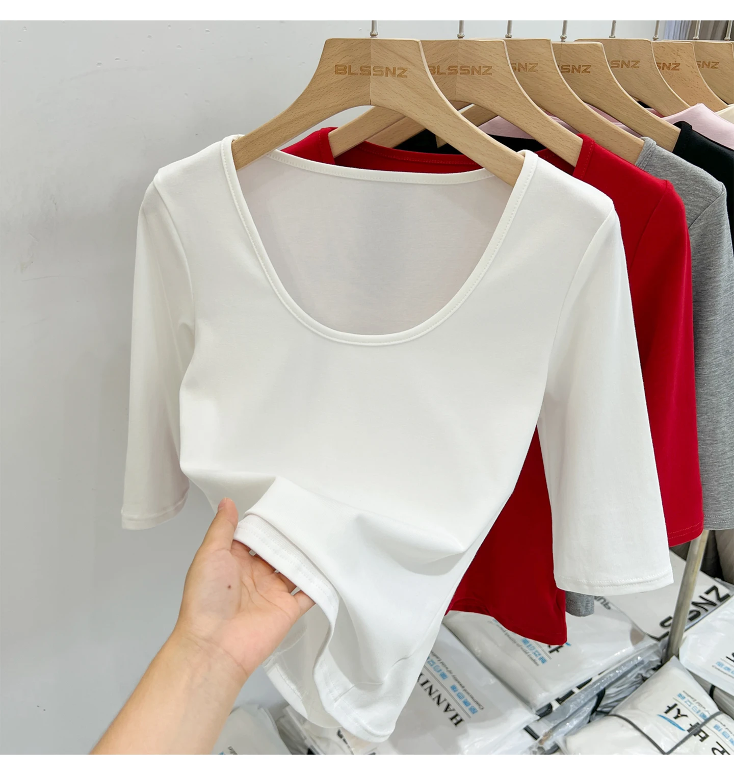 Zjaiss Women's White Base Top 2026 New U-Neck Three-Quarter Sleeve Tee for Spring & Summer Solid Versatile Casual Simple T-Shirt