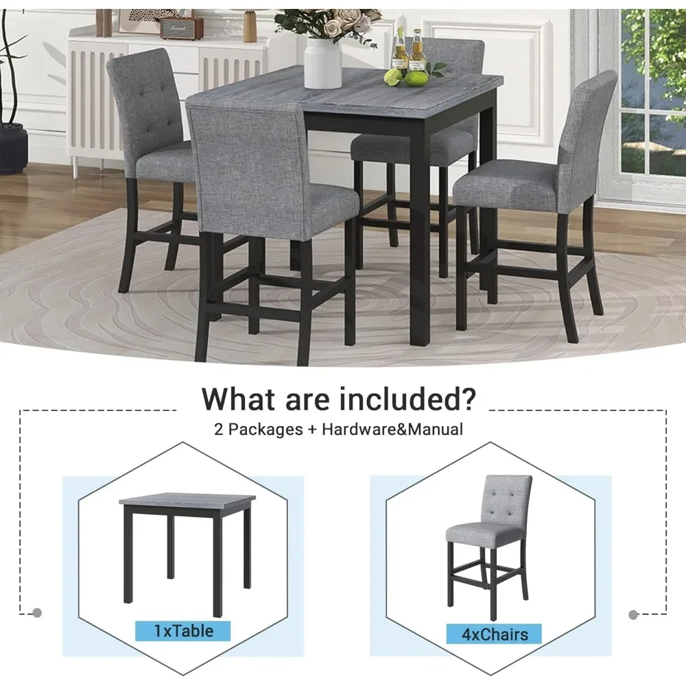 Dining Table Set, 5 Piece, Suitable for 4, Rectangular Dining Table with 4 Upholstered Dinings Chairs, Kitchen Tables Set