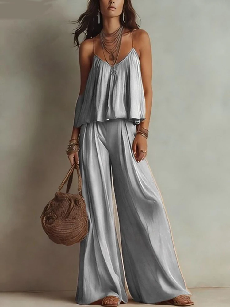 

Casual Pleated Beach Sets New Women's V-neck Camisole Top with Wide Leg Pants Outfit Simple Solid Color Sleeveless Summer Suit