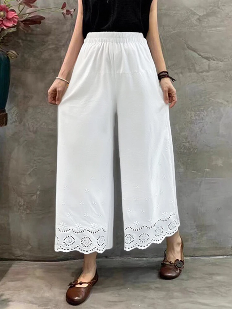 

ZANZEA Vintage Lace Long Pants Women Casual Loose Hollow Out Wide Leg Trousers 2025 Summer Solid Color Waist Pleated Bottoms