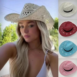 Western Crochet Cowboy Straw Hat Women Men Casual Handmade Hollow out Cowgirl Hat Solid Color Outdoor Wide Brim Beach Cap