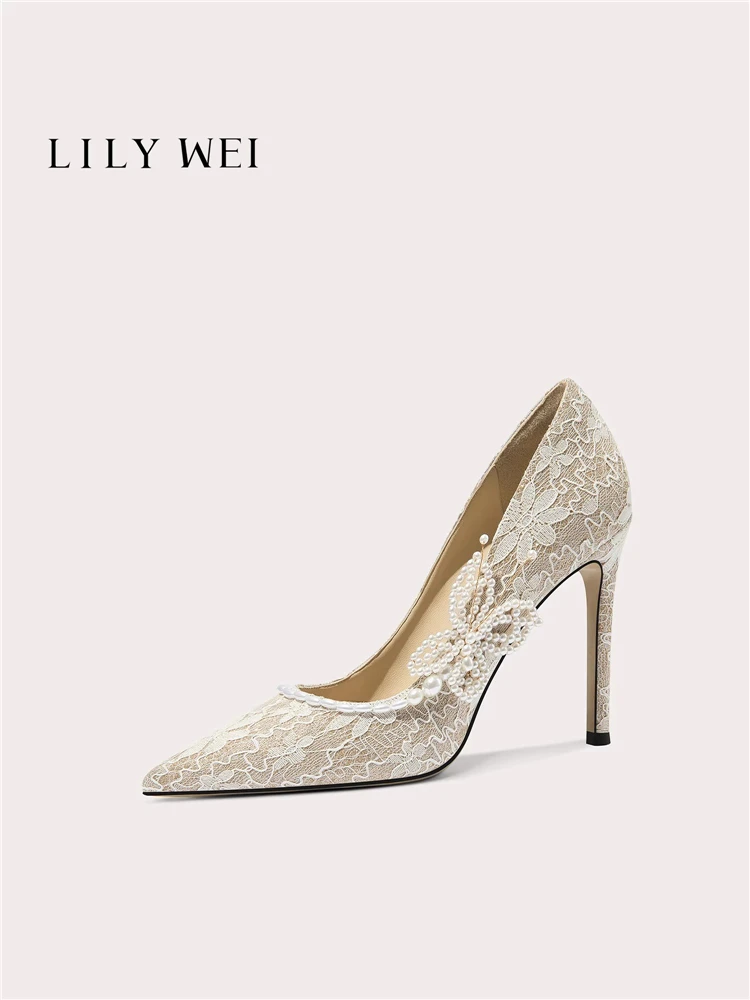

Spring pointed toe shallow lace pearl butterfly single shoes banquet large size small size thin heel high-high-eeled women shoes