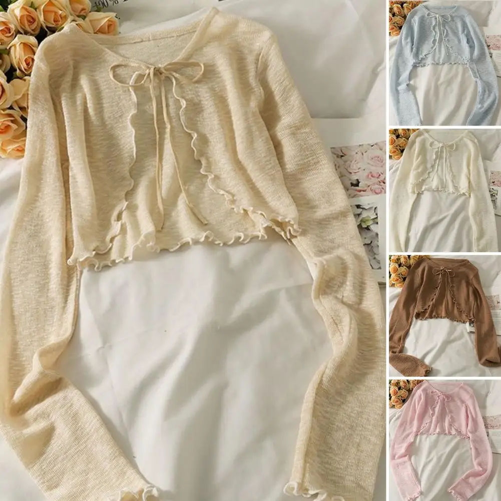 Тонкие дышащие футболки с длинным рукавом, женский кардиган с кружевным бантом, блузка, одежда с оборками, солнцезащитная верхняя одежда, блузка для чехлов