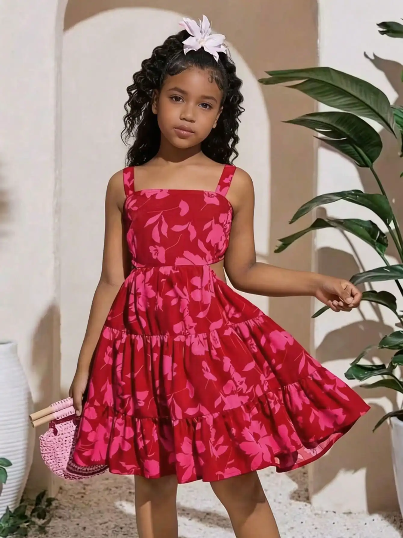 Girls Square Collar Sleeveless Bow Tie Dress Thick Strap Leaf Print Waist Cinching Children's Fashionable Dress