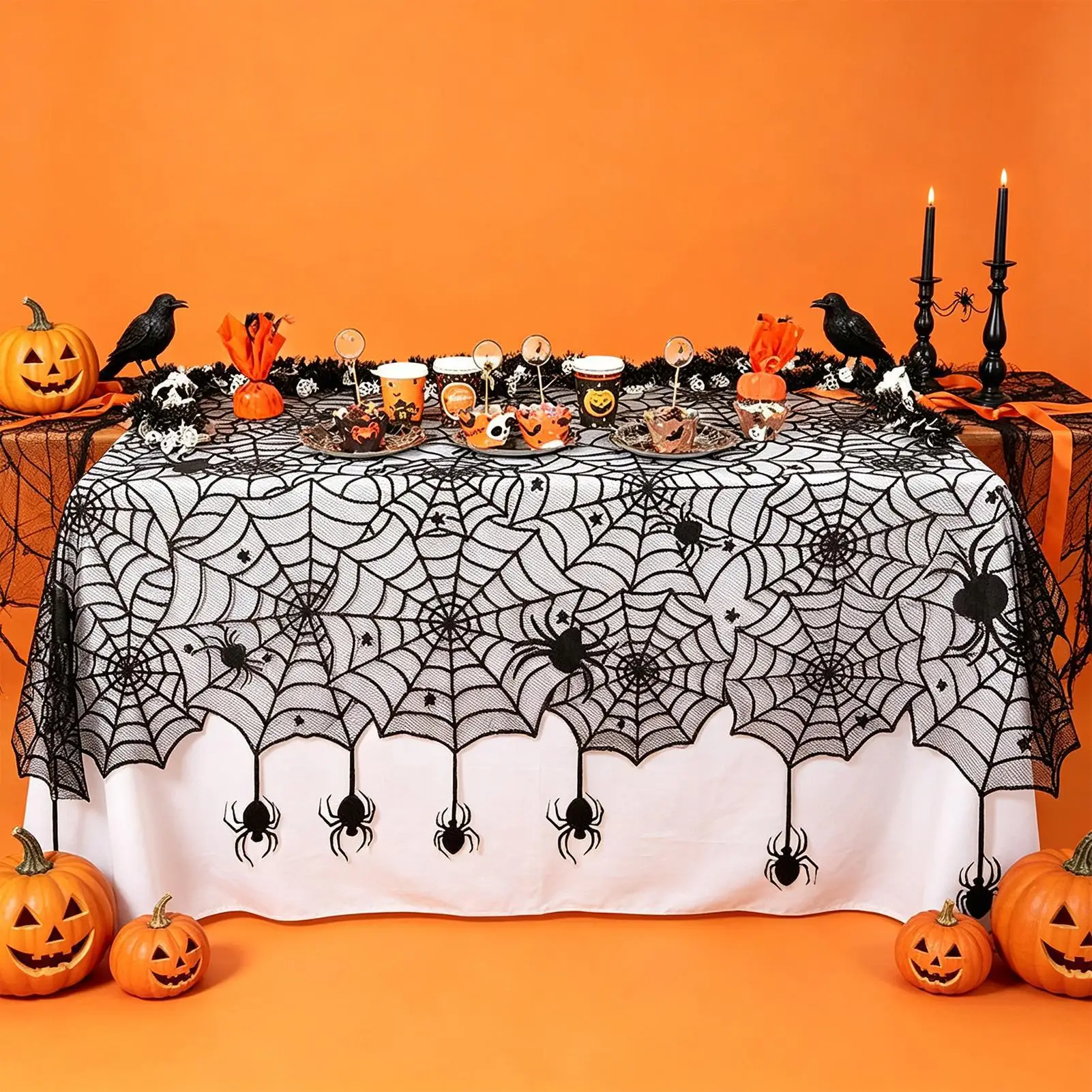 Halloween Black Spider Web Lace Rectangular Table Cloth 54x72 Inch Including 12 Diy Spider Pendants For Dining Table Costume
