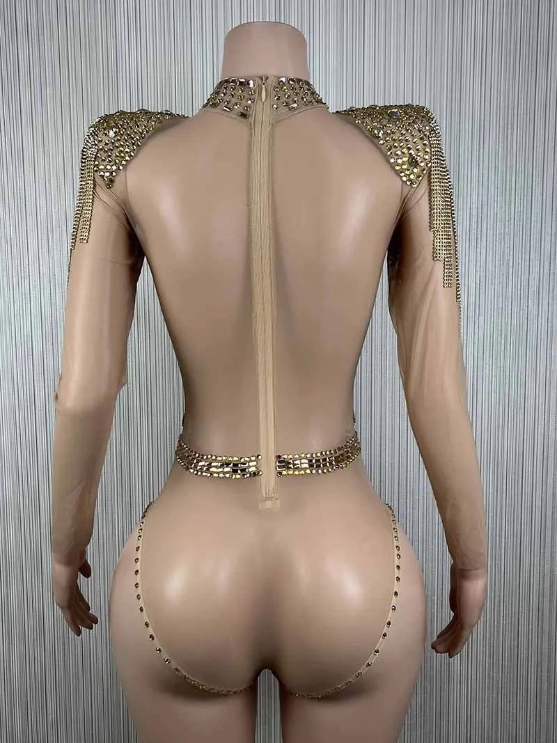 Customized New Tassels Mesh lace Transparent High Elastic Short Sleeve Sequins SexyTight Jumpsuit Party Dress Stage Performance