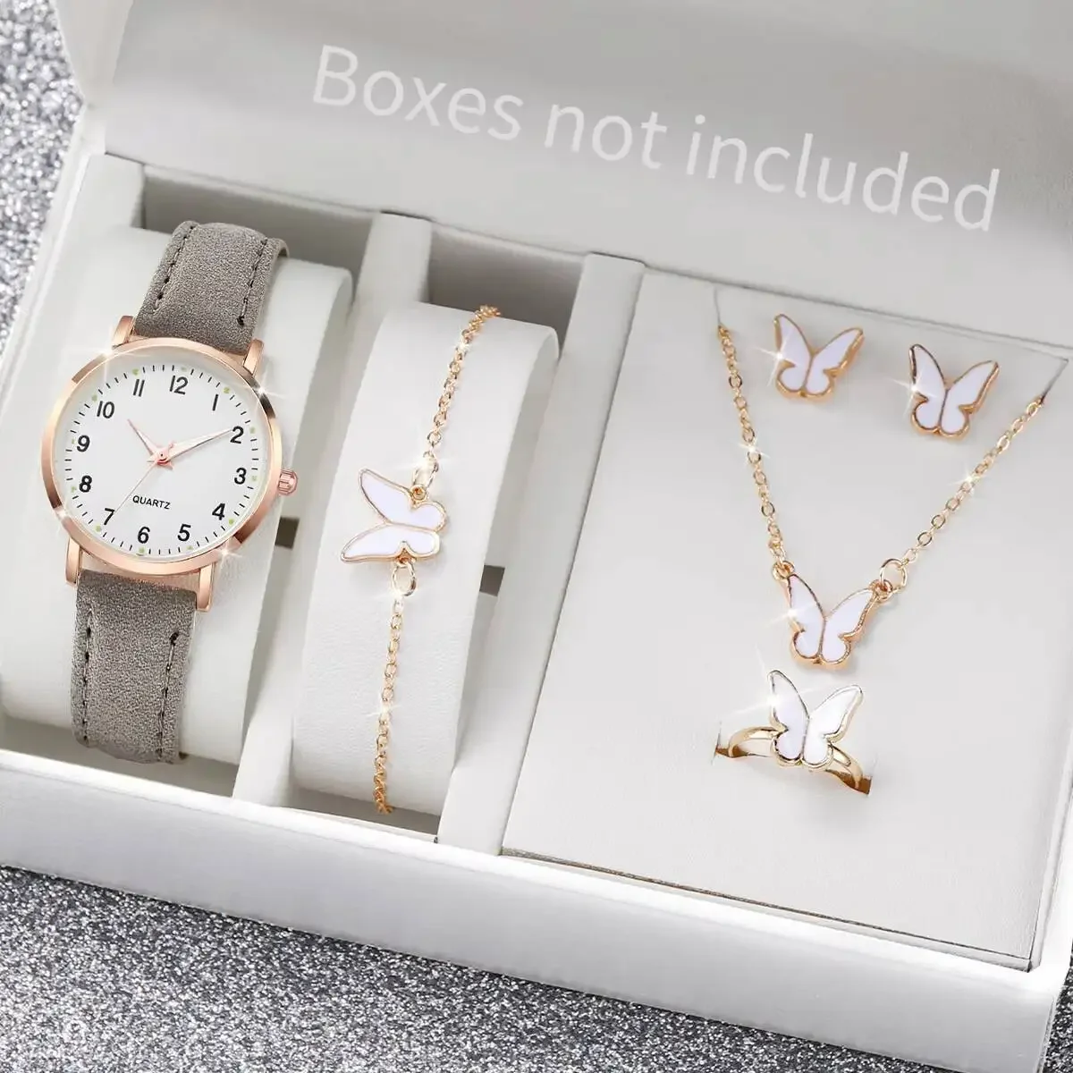 6PCS/Set Fashion Arabic Dial Women Quartz Watch  Casual Leather Strap Wristwatch Butterfly Jewelry Set Reloj MujerWithout Box
