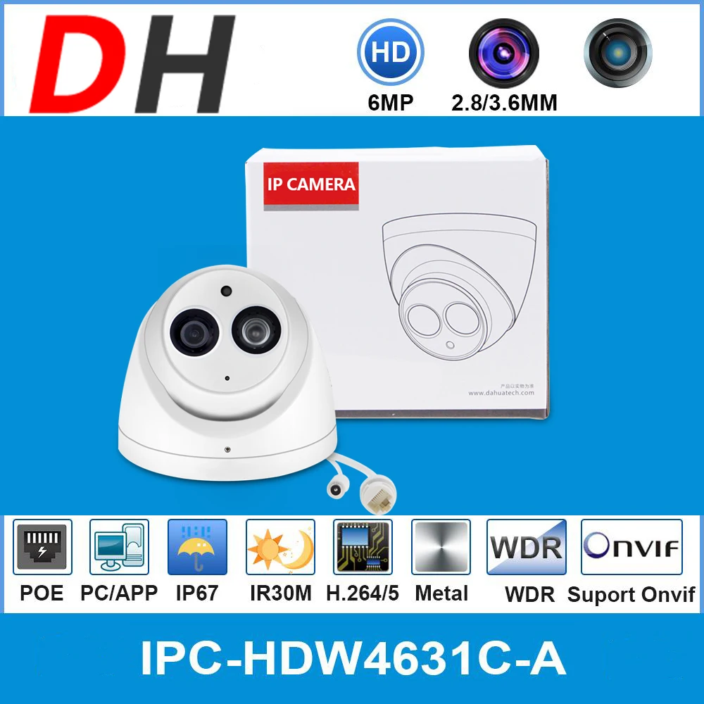 IP-камера Dahua IPC-HDW4631C-A 6MP HD POE в металлическом корпусе Встроенный микрофон Видеонаблюдение ночного видения