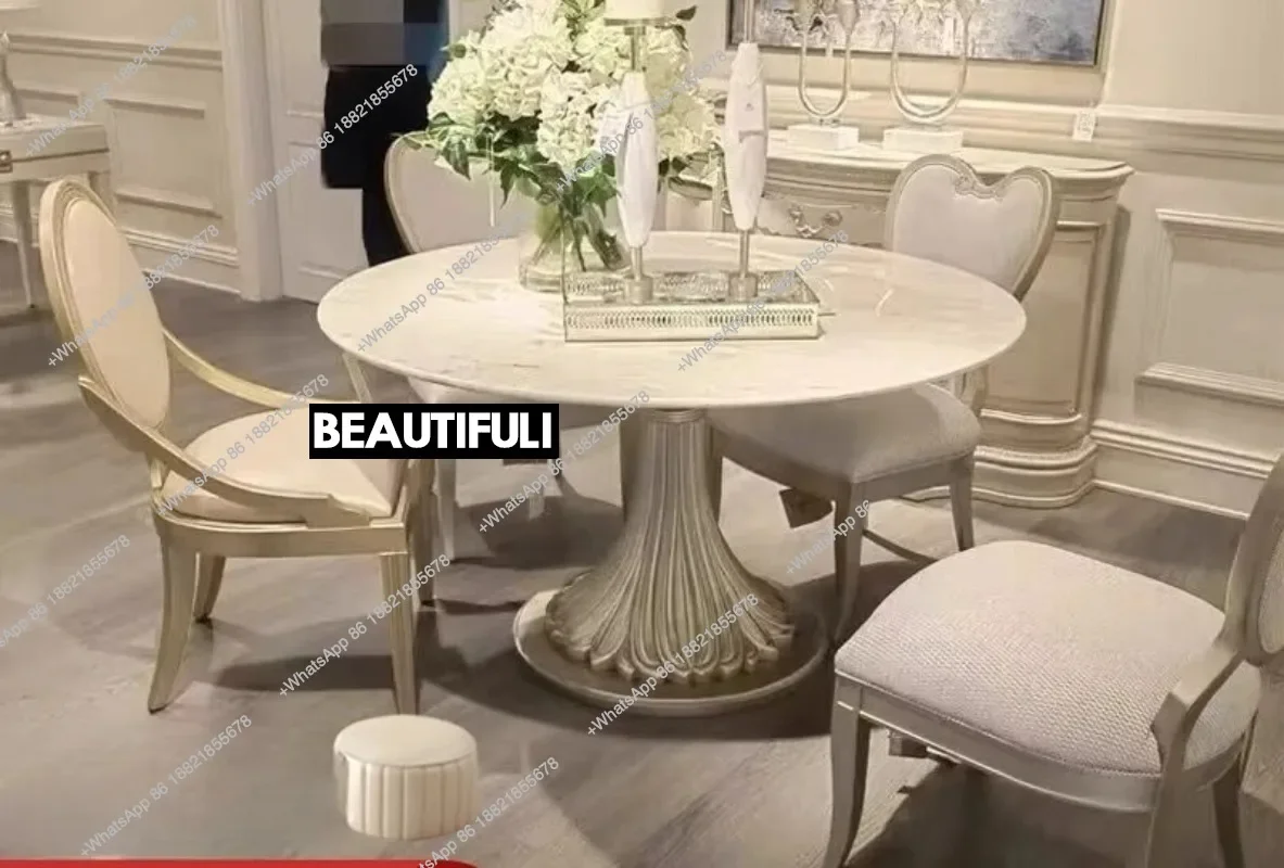 American light luxury marble dining table and chair combination modern simple round French solid wood
