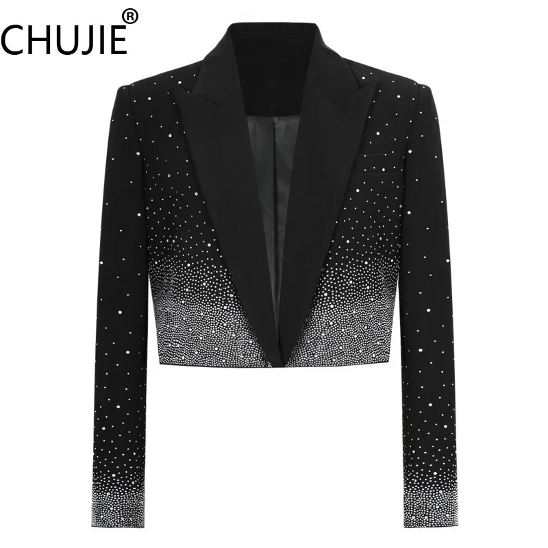 

CHUJIE 2025 Spring/Fall Women's Blazer, Crystal Embellished Slim Fit Jacket, Premium Office & Evening Wear