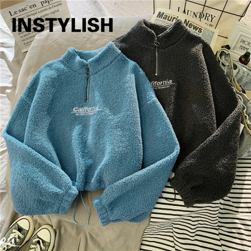 Vrouwen Stand Hals Fleece Cropped Hoodies Herfst Brief Borduurwerk Lange Mouwen Koord Sweatshirt Elegante Pluche Fluwelen Tops