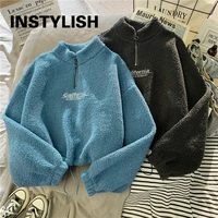 Women Stand Neck Fleece Cropped Hoodies Autumn Letter Embroidery Long Sleeve Drawstring Sweatshirt Elegant Plush Velvet Tops 4