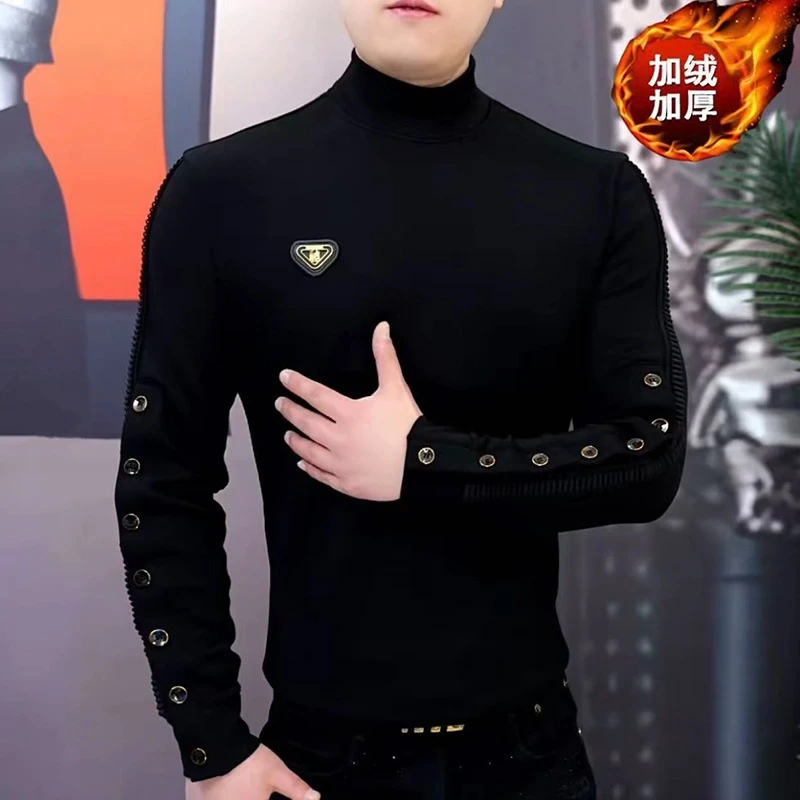 Camiseta de Gola Alta para Homens Outono Inverno, Casual e Quente, Moletom de Manga Longa, Moda de Rua, Pullover M-5XL