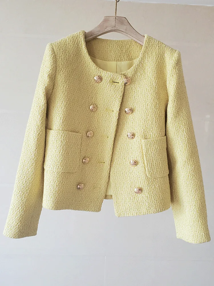 UCXQ Korean Style O Neck Double Breasted Coarse Tweed Short Jacket Elegant Yellow All Match Coat Women 2024 Spring Autumn 3A7801