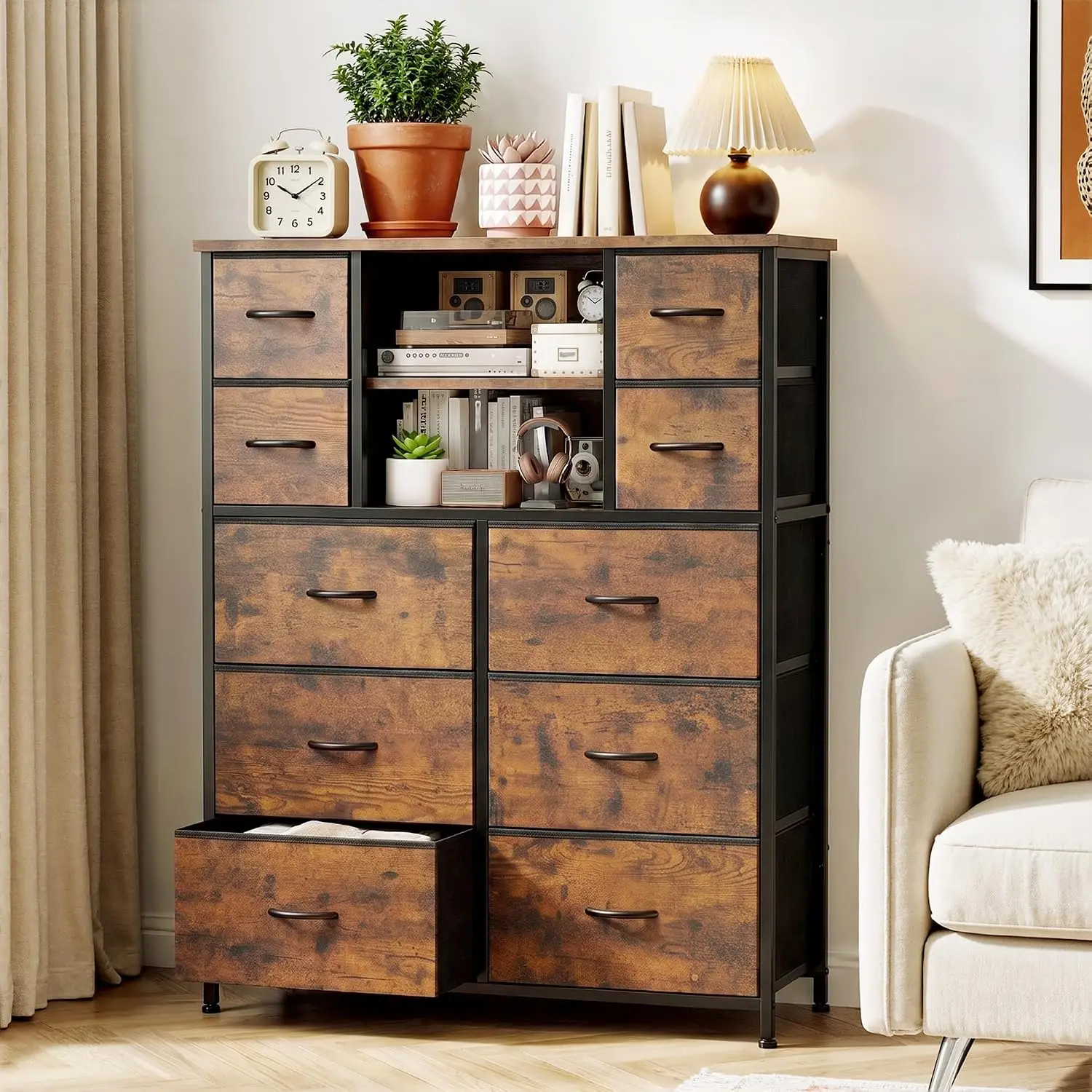 10-Drawer Tall Dresser for Bedroom, 48-Inch Fabric Storage Organizer with Smooth-Glide Drawers, Rustic Brown Cottage-Style Furniture