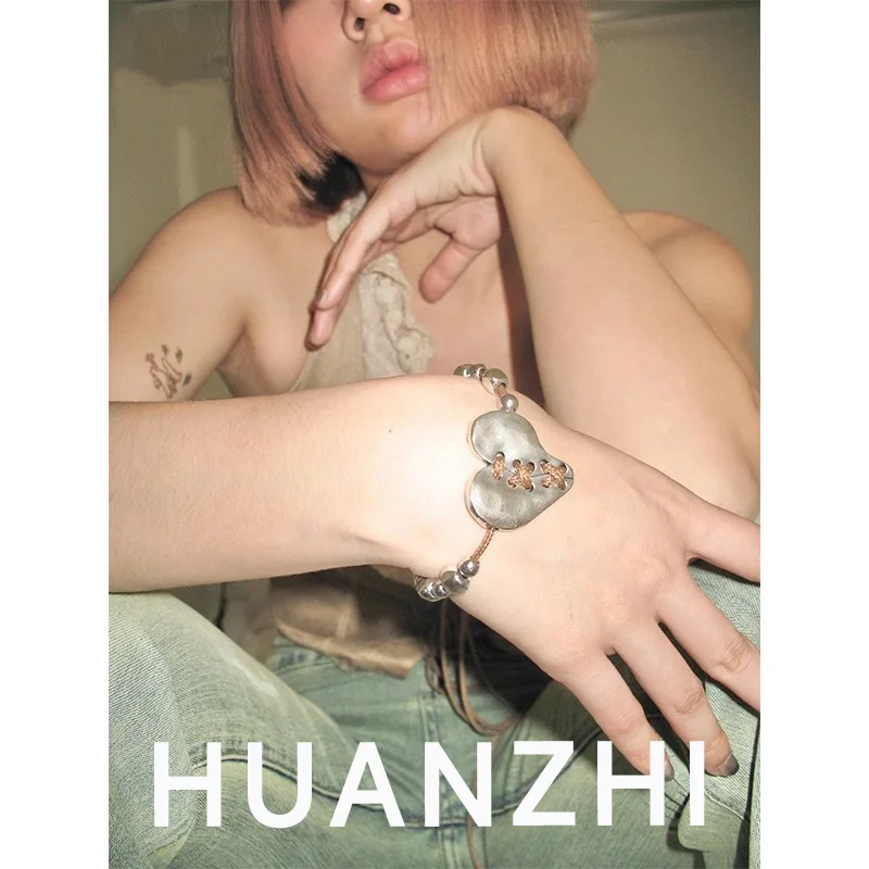 HUANZHI Vintage Silver Color Spliced Heart Bracelet Simple Heart Rope Necklace Y2K Hip Hop Personalised Jewelry for Women Couple