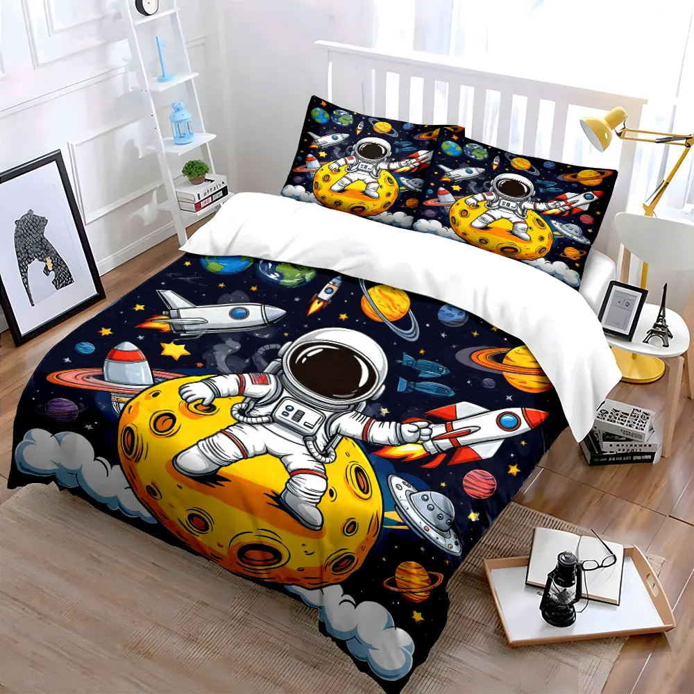 Astronaut Explores Galactic Planets Bedding Set for Kids Luxury Gift 3pcs Digital Print Comforter Set Soft Comfortable