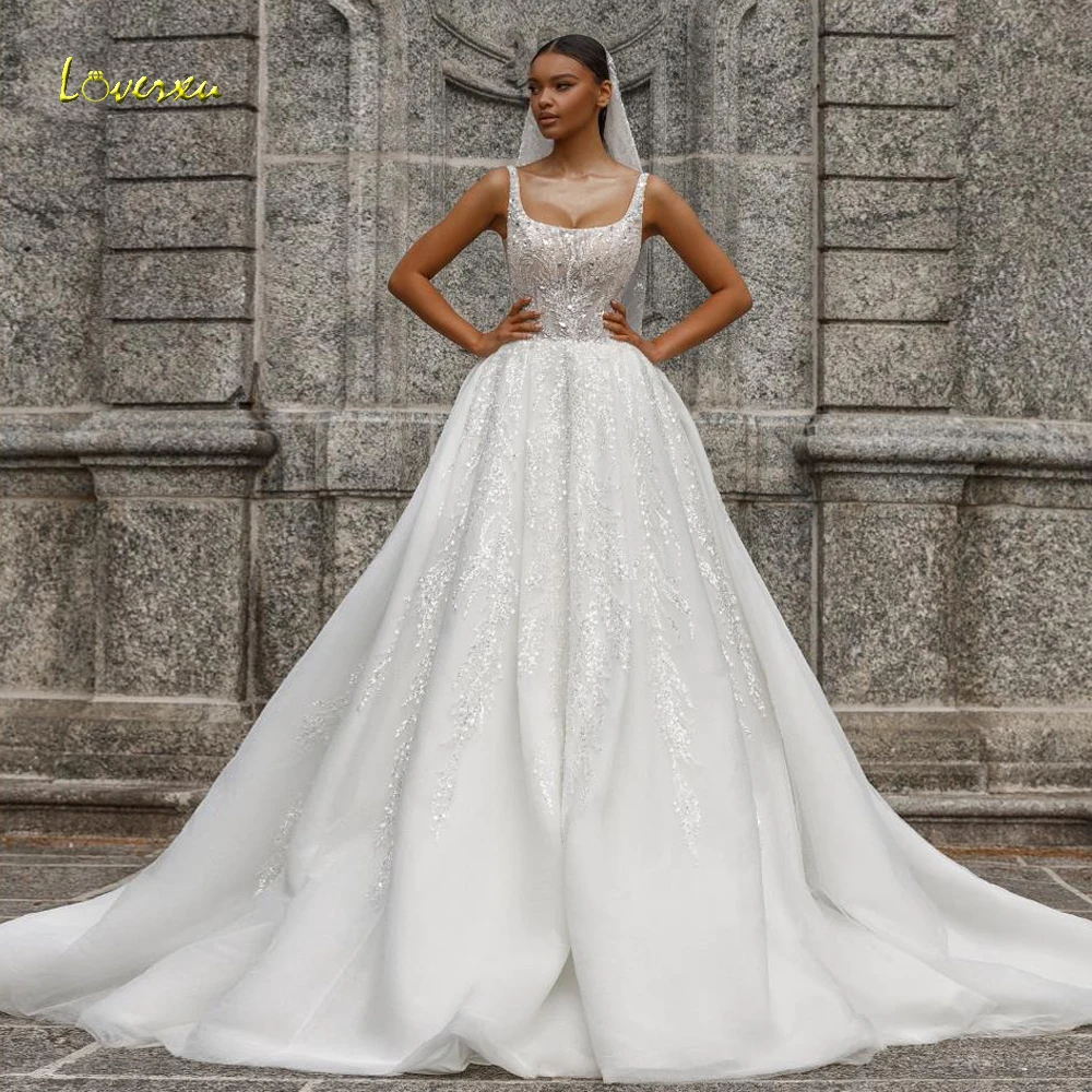 Suknie ślubne Loverxu w kształcie litery A, seksowne, z dekoltem w łódkę, bez rękawów, Vestido De Novia, koronkowe hafty, vintage, szyte na miarę suknie ślubne.