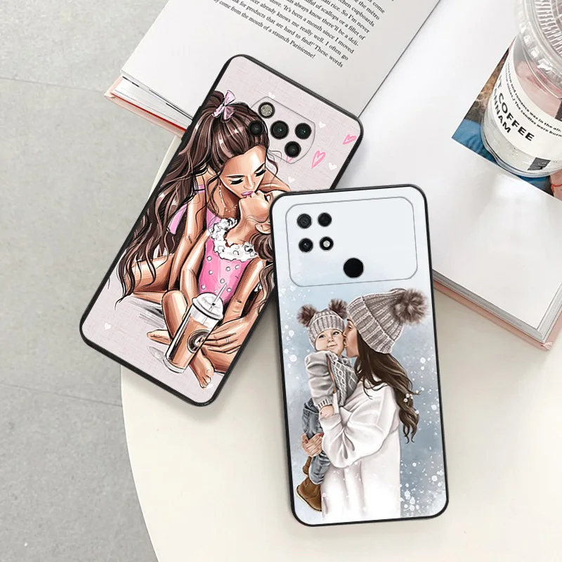 Silicone Black Phone Case for Xiaomi Poco C61 F5 F4 F3 X4 X3 X5 M3 M4 Pro M5 S C51 C50 C40 Brown Hair Baby Mom Girl Queen Cover