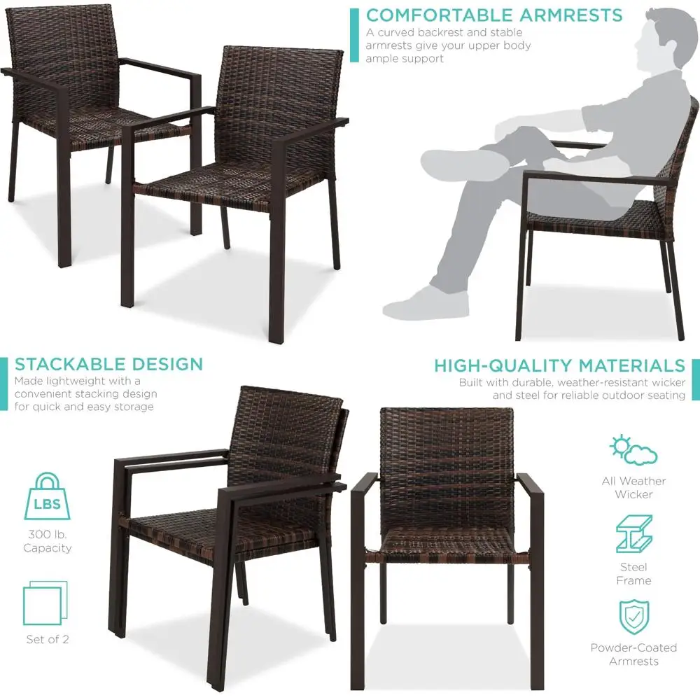 

Pair of Stackable Weather-Resistant Wicker Dining Chairs with Firepit and Armrests, Steel Frame for Outdoor Use