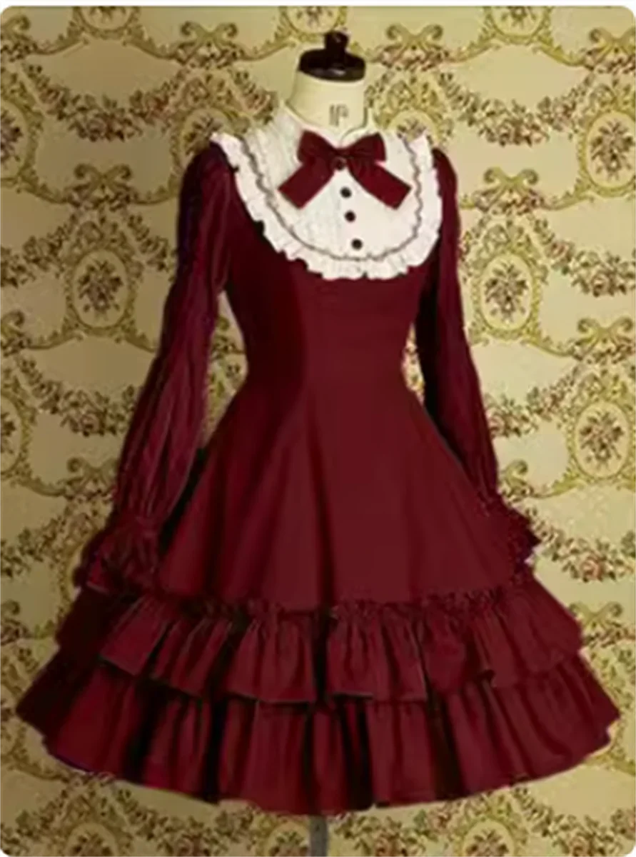 Vestido de manga longa Lolita para menina, renda de empregada retrô, vestido escolar vintage plissado, primavera