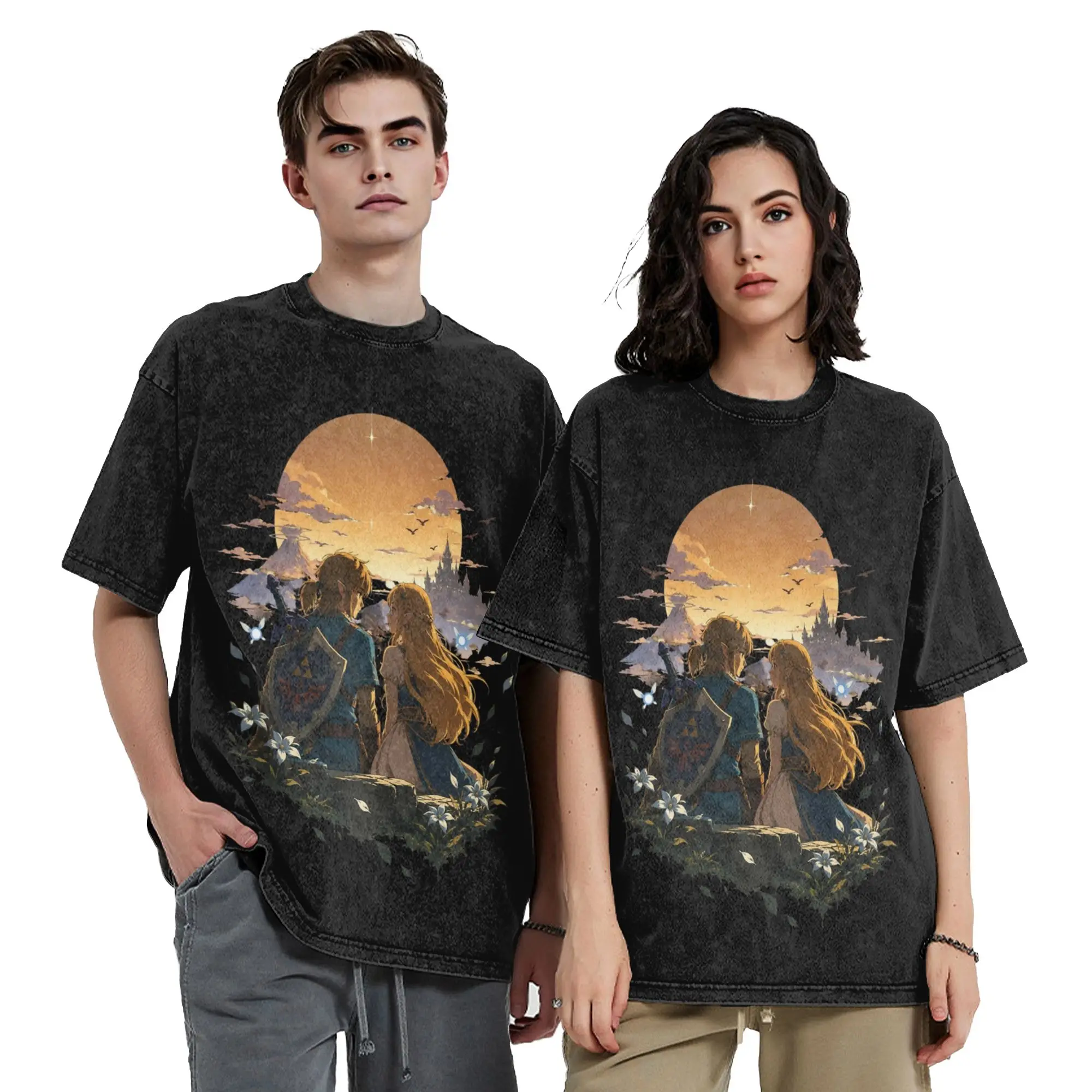 Zeldas Legend Link Washed T Shirts Streetwear Vintage T-Shirt Game Anime Tee Shirt for Men Women 100% Cotton Harajuku Graphic