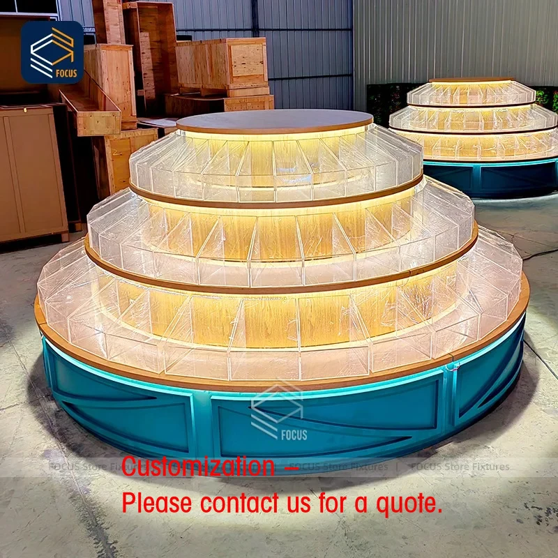 custom.Custom Retail Circular Tiered Bulk Snack Acrylic Bin Display Island Wooden Base Showcase Fixture Stand