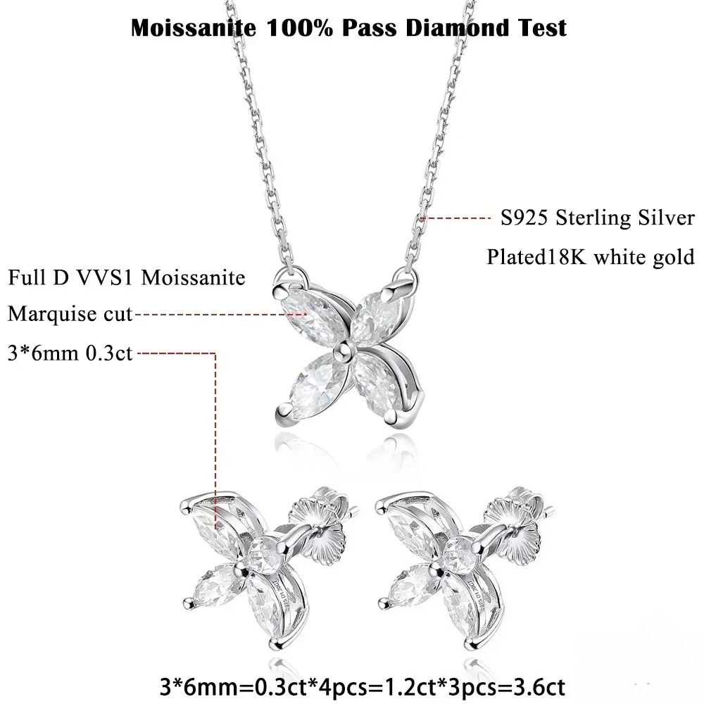 3.6CT Butterfly Moissanite Jewelry Set for Women S925 Sterling Silver Marquise Diamond Pendant Necklaces Clover Earrings Gifts