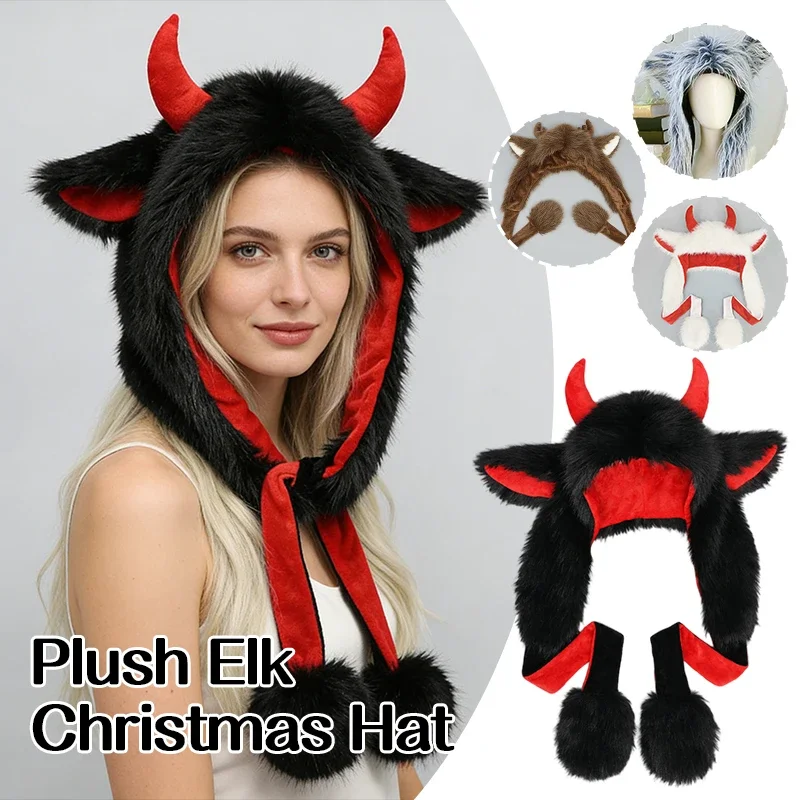 Cute Christmas Hat Plush Elk Pullover Hat Winter Warm Windproof Thunder Hat Ear Protection Hat Cute Warm Bomber Cap Outdoor