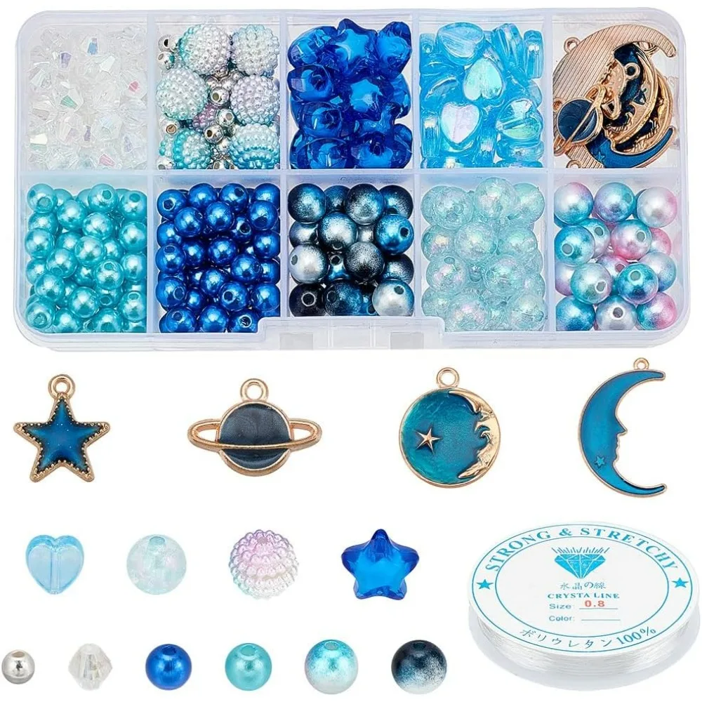 About 447 Pcs Planet Bracelet Making kit Including Moon Star Alloy Enamel Pendants Pearl Acrylic Blue Series Beads and 0.8mm