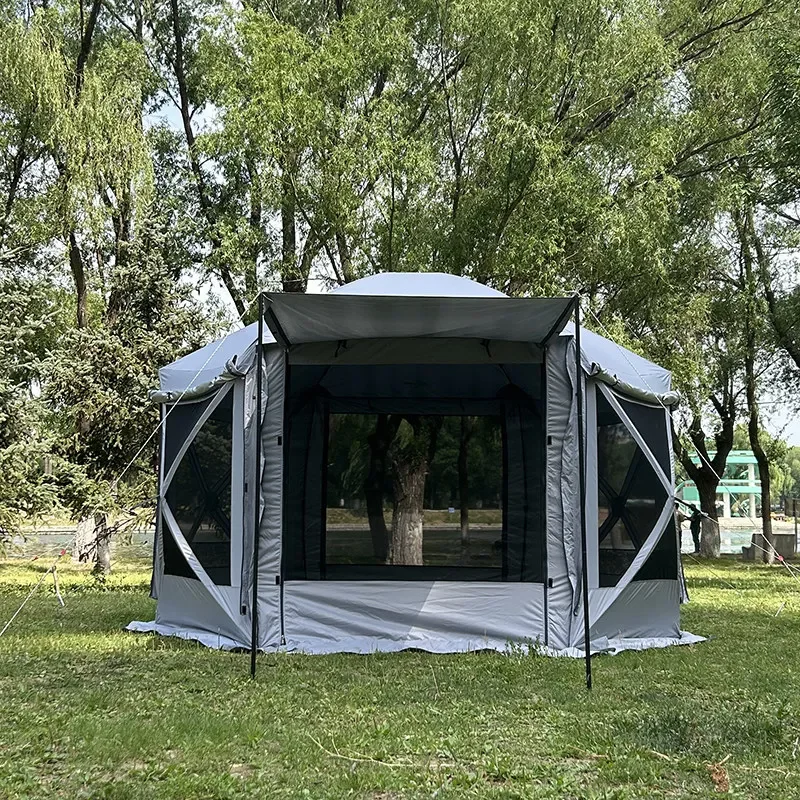 Camping hexagonal tent large canopy windproof sun protection silver mosquito proof beach tent outdoor living room net