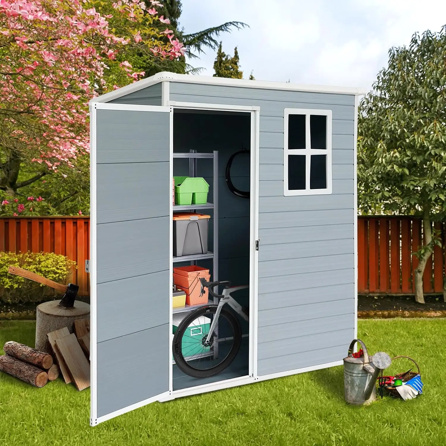 Outdoor Storage Shed Plastic Resin 5x3ft Lockable Floor Vent Window Grey Backyard Tool, Customized