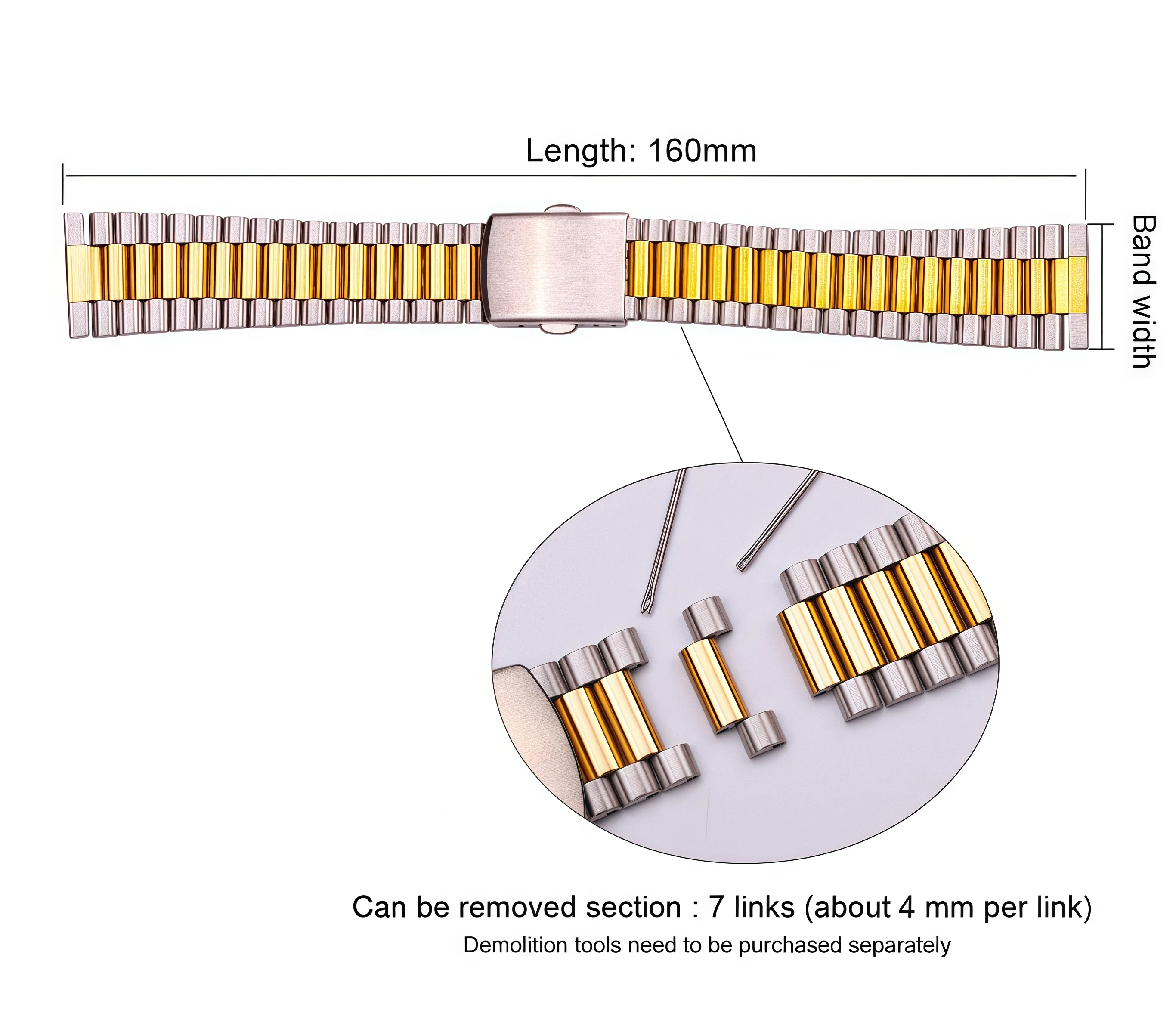 Solid Stainless Steel Bracelet Strap Silver Gold Watchband 14mm 16mm 18mm 20mm Metal Double Clasp Men Women Watch Band