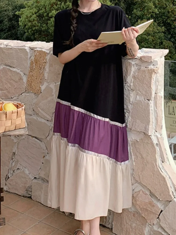 특대 Pletaed 패치 워크 T 셔츠 여성 드레스 여름 Striepd 빈티지 짧은 드레스 여성 한국 숙녀 드레스 Vestidos