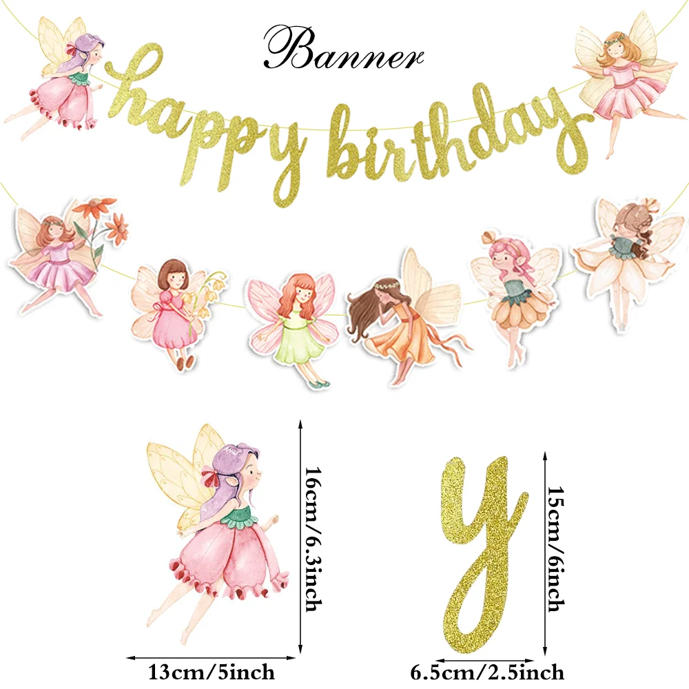 Feen-Geburtstagsparty-Dekoration, alles Gute zum Geburtstag, Banner, Feenpilz, zum Aufhängen, Wirbelflügel, Engel, Tortenaufsatz, Märchen, Babyparty – Detail 2