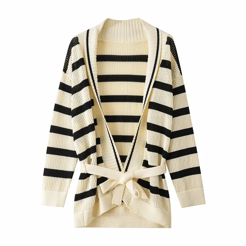 Dames gebreid katoenen vest met V-hals en lange mouwen Gestreept vest