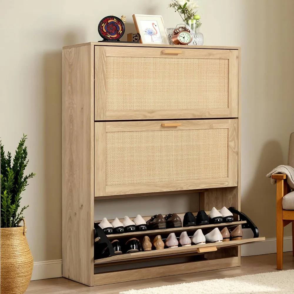 

Natural Rattan 3-Tier Shoe Cabinet for Entryway - Slim Freestanding Storage Organizer with Flip Drawers