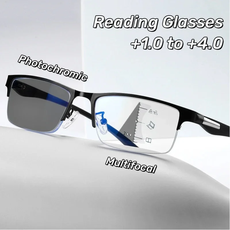 Progressive multifokale photochrome Lesebrille, Blaulichtfilter-Fernsichtbrille, Herren-Halbrahmen-Business-Brille gegen Presbyopie