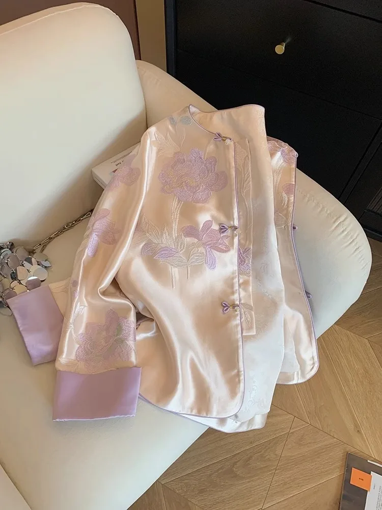 Ele rond Ne Satin brodé Floral Jaet coupe ample femmes Sle chinois traditionnel Faion vêtements d'extérieur pour l'automne