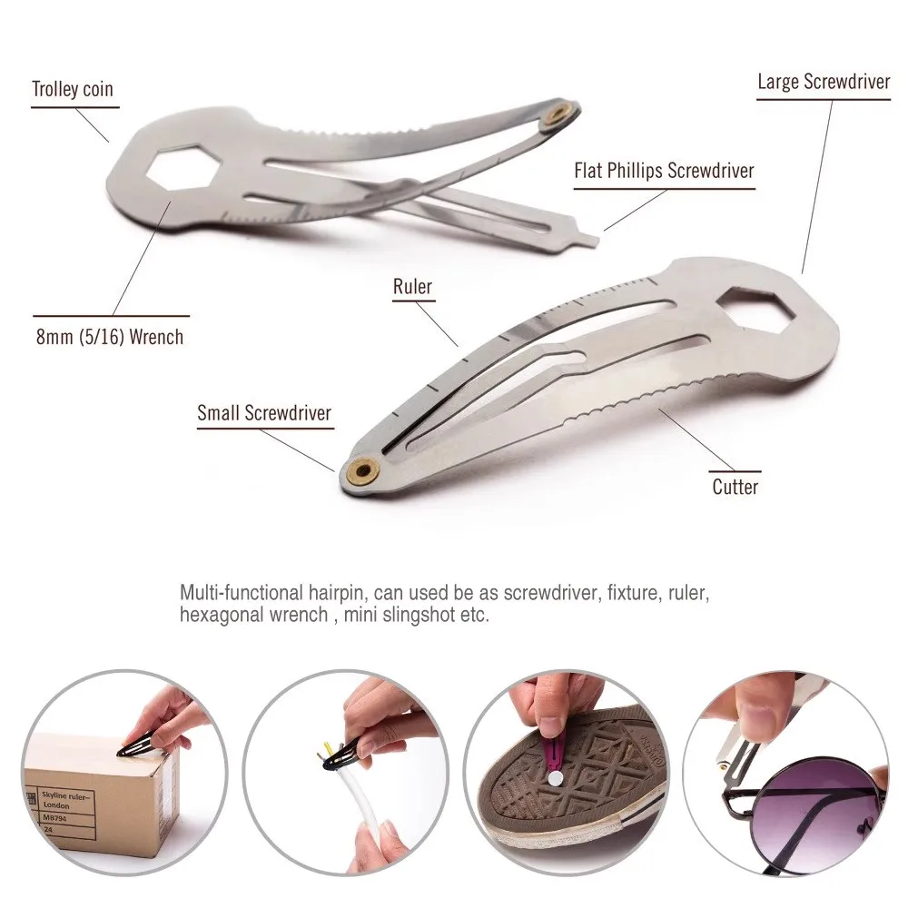 9 in 1 multifunctional hair clip Wolf proof multi-purpose tool stainless steel spring steel outdoor self-defense first aid tool