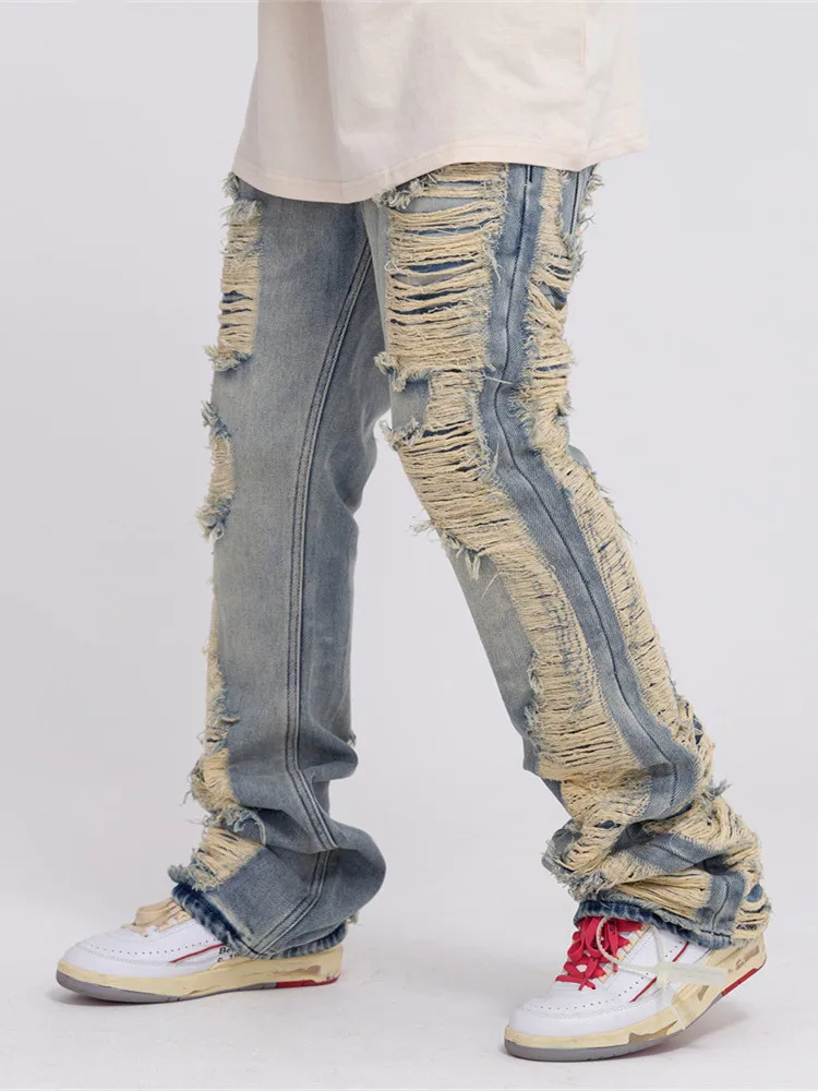 Distressed Jeans for Men Clothes Streetwear Men Ripped Cargo Jeans Men Clothing Damaged Flare Jeans