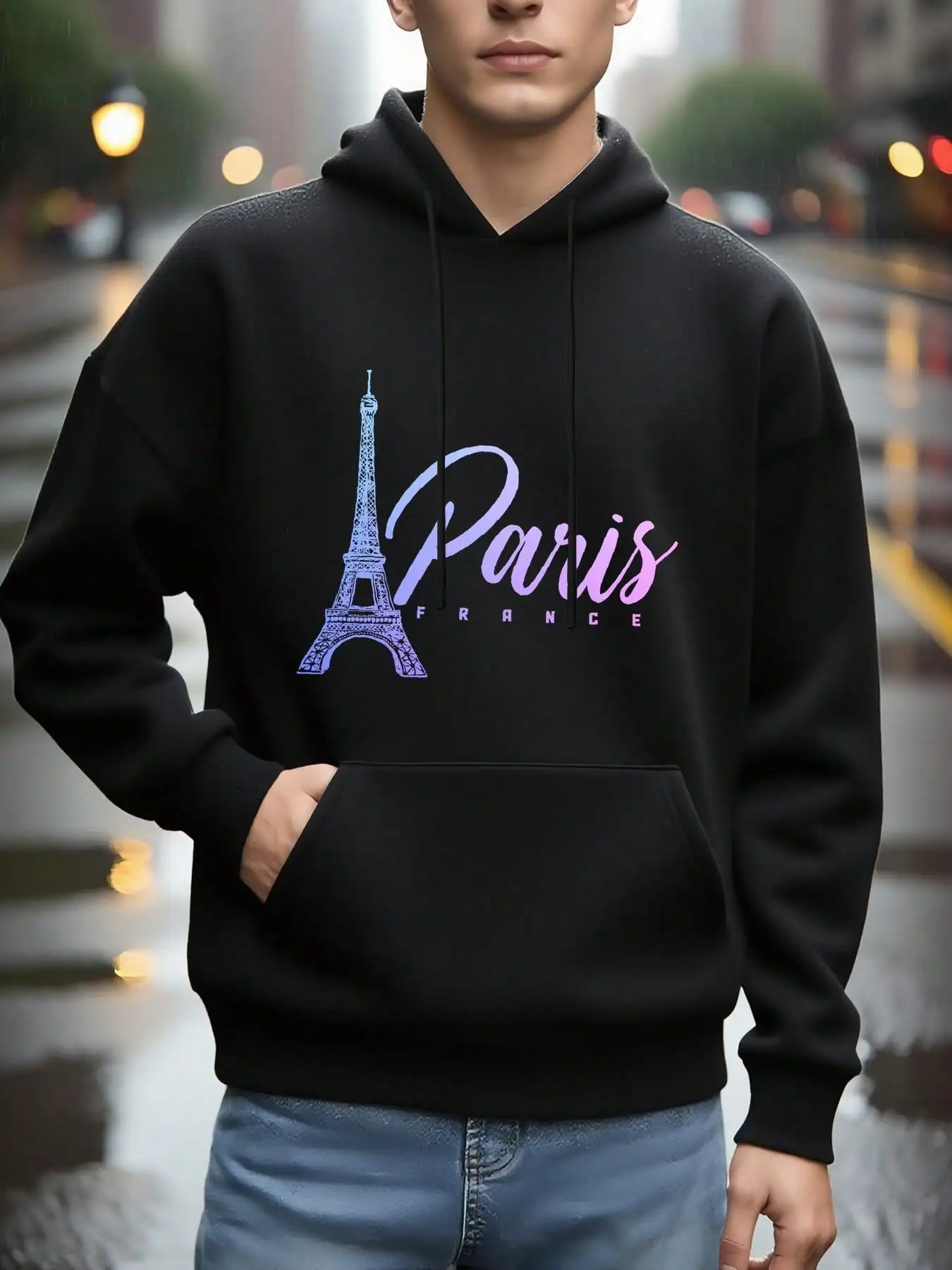 Men Paris France Eiffel Tower Gradient Graphic Hoodie France City Vintage Cursive Text Print Pullover Sweatshirt Autumn Winter Kangaroo Pocket Black Streetwear Hooded Tops Unisex