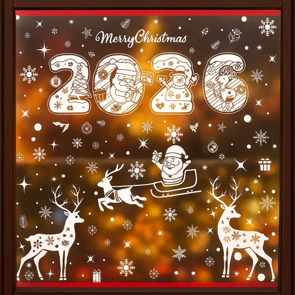 Santa Claus Christmas Window Sticker Elk Snowman Cartoon Electrostatic Glass Sticker PVC DIY Decal 2026 Merry Christmas Sticker